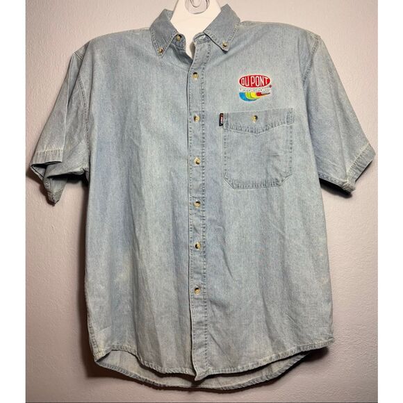 Chase Authentics Mens XL Button Down Denim Shirt Jeff Gordon Short Sleeve Blue - Picture 2 of 9